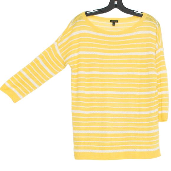 Talbots Sweater 3/4 Sleeve Linen Minimalist Coastal Boho Stripe Yellow Medium - Picture 1 of 6